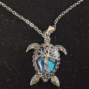 Silver Turtle Pendant Necklace with Blue Gemstone